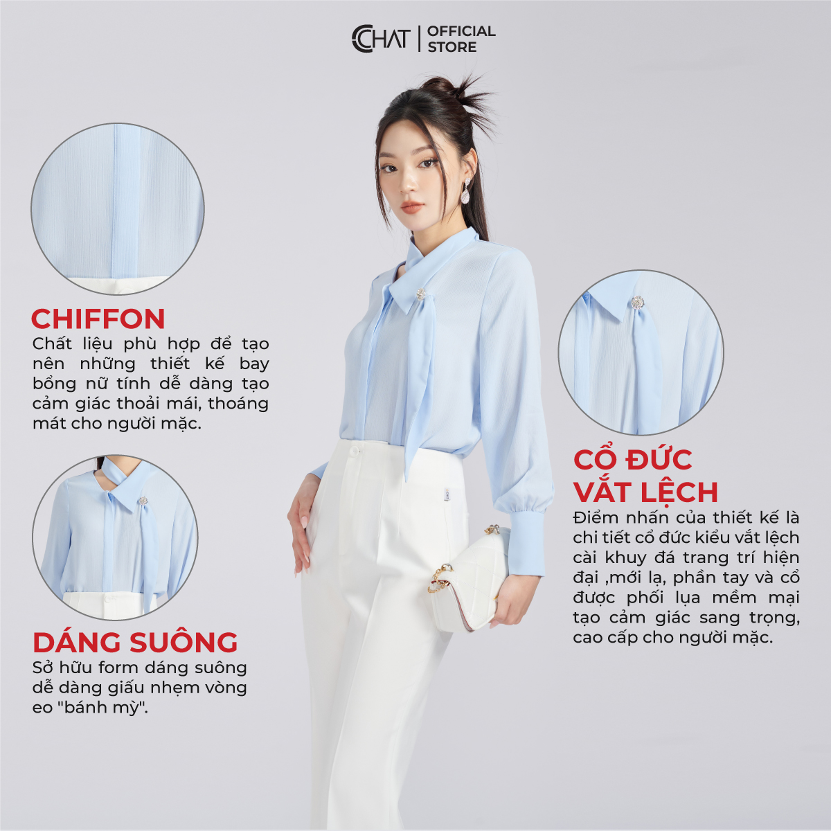 Áo Sơ Mi Nữ  Kiểu Cổ Đức Vắt Lệch Nơ Dáng Suông Chất Voan Cao Cấp 53FDV8020ST