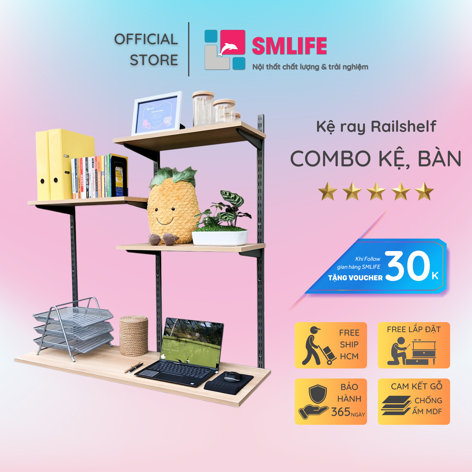 Kệ Ray Tường SMLIFE Railshelf Kiêm Bàn Làm Việc RTH120 - Kệ Treo Tường Tùy Biến Kích Thước &amp; Vị Trí Hiện Đại Cho Căn Hộ Nhỏ