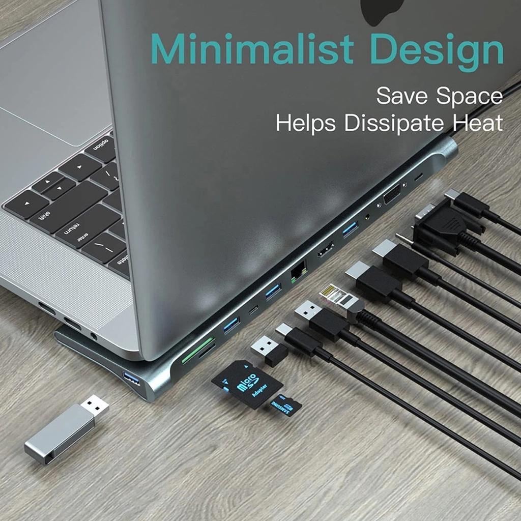 Bộ Chuyển Đổi 12 Trong 1 Type-C Sang HDMI 4k Rj45 VGA PD Đầu Đọc Thẻ SD / TF USB3.0 USB C Hub Cho Laptop PC