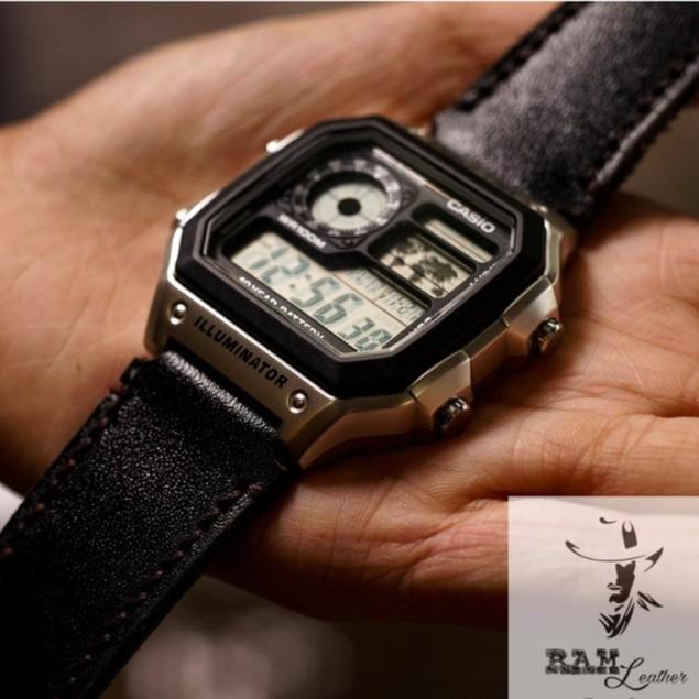 Dây đồng hồ RAM Leather  cho casio ae1200 da bò thật RAM black đen huyền thoại