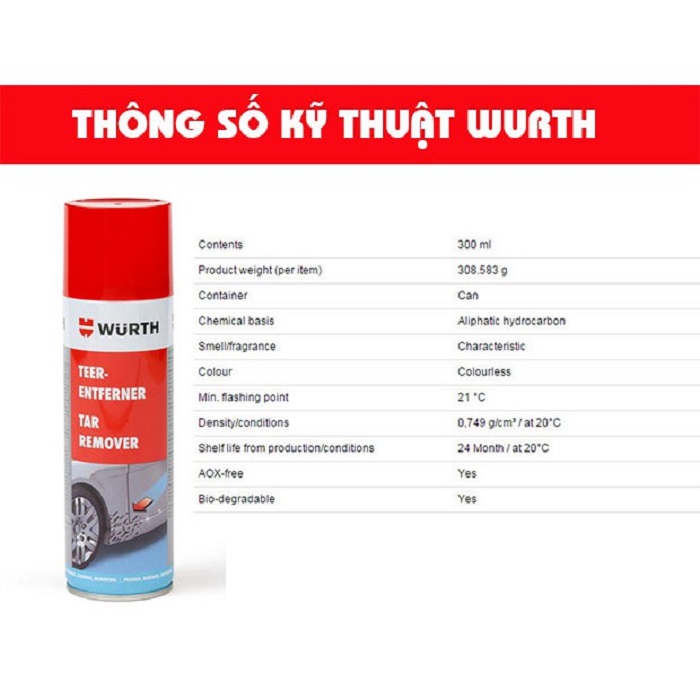 Tẩy nhựa đường, keo, vết ố xe ô tô- Wurth Tar Remove 300ml