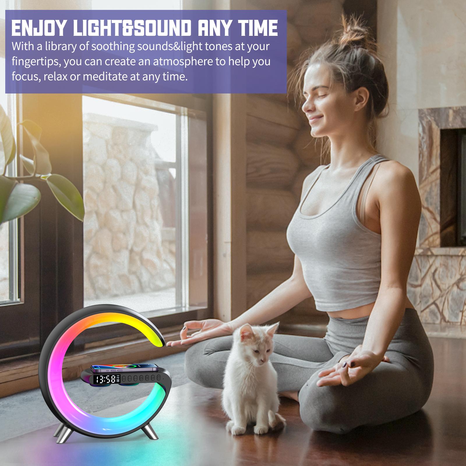 Sạc Không Dây Đa Năng Đồng Hồ Báo Thức Loa Bluetooth Ứng Dụng Điều Khiển RGB Đế Sạc Cho Iphone 13 14 Samsung, quà Tặng Color: white