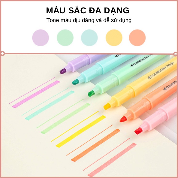 Set 6 bút highlight dạ quang đánh dấu dòng Pastel 2 đầu FLUORESCENT PEN