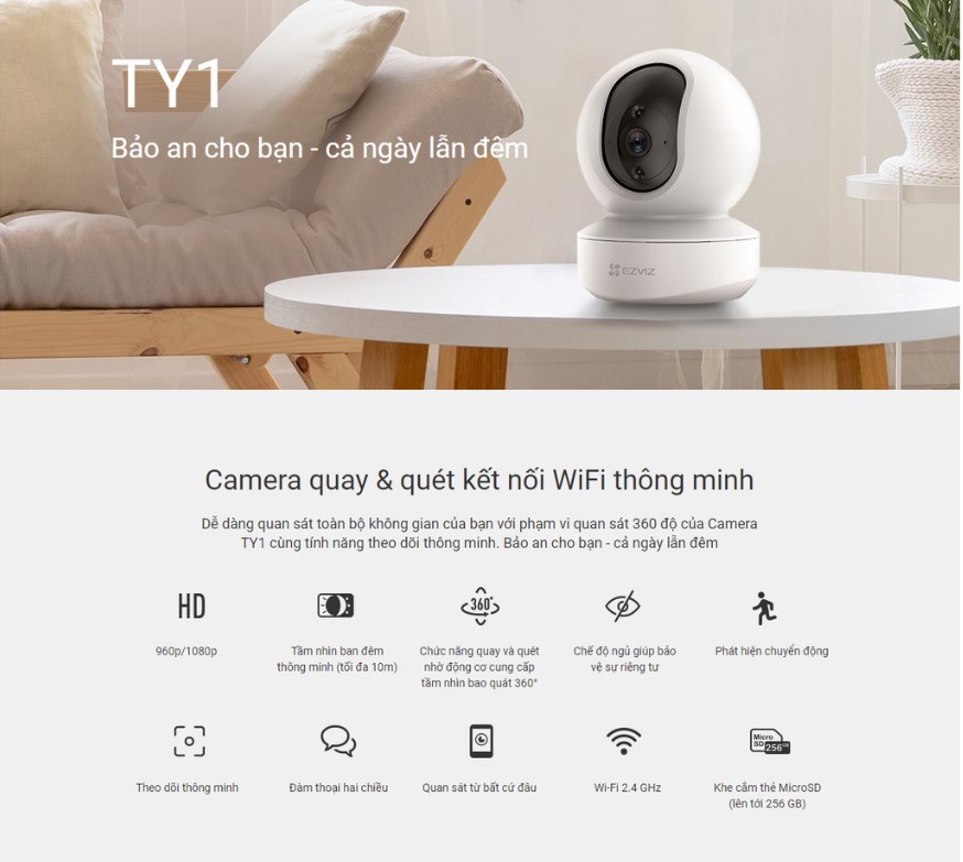 CAMERA IP WIFI TRONG NHÀ EZVIZ TY1 2MP FULL HD - Xoay 360 Độ, Đàm Thoại 2 Chiều, Phát hiện chuyển động
