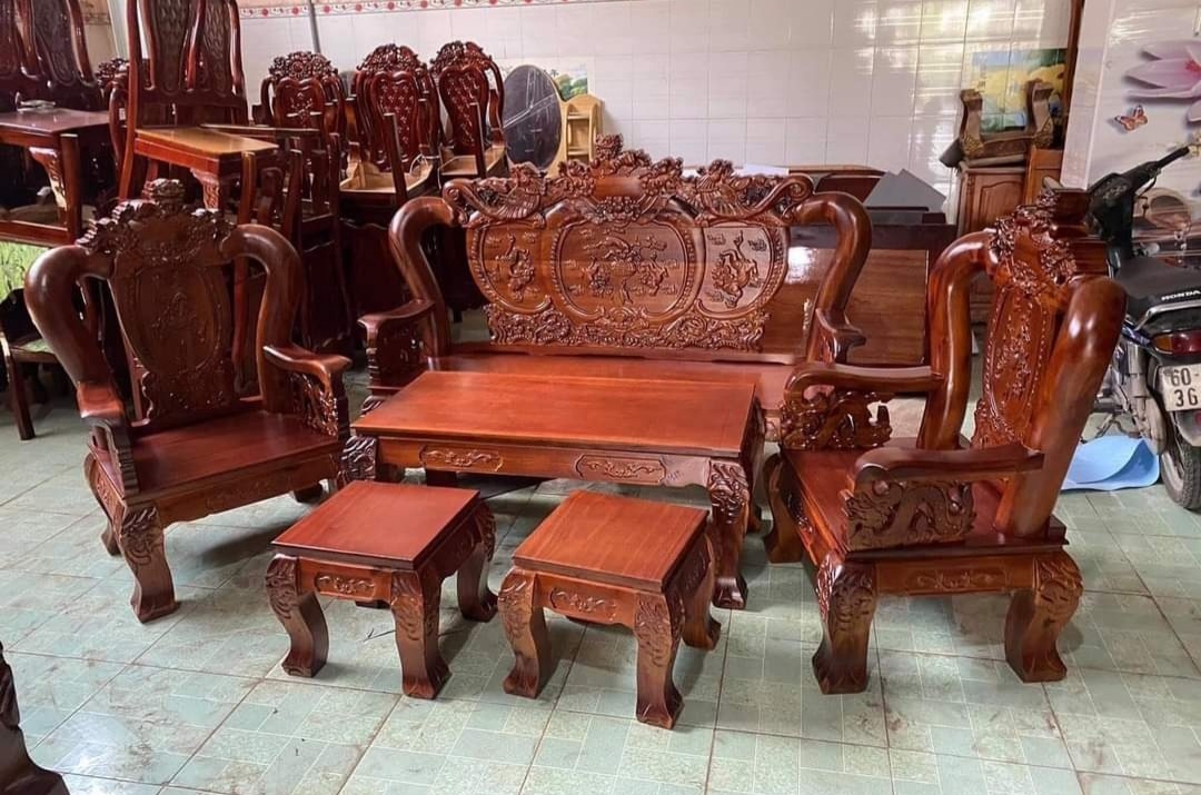 Bộ salon gỗ tràm víp tay 12 huỳnh nghê đỉnh-bộ bàn ghế phòng khách