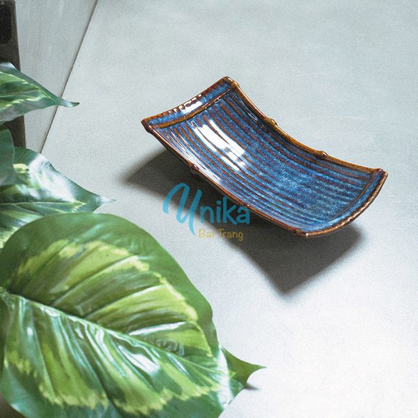 Khay nan mmen xanh sóng biển 4 size - Đĩa hình nan men xanh hỏa biến - Gốm sứ Bát Tràng