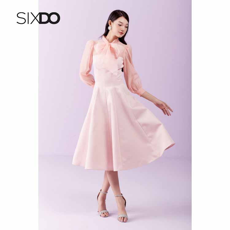 Đầm xòe nữ taffta phối tay voan cổ nơ thời trang SIXDO