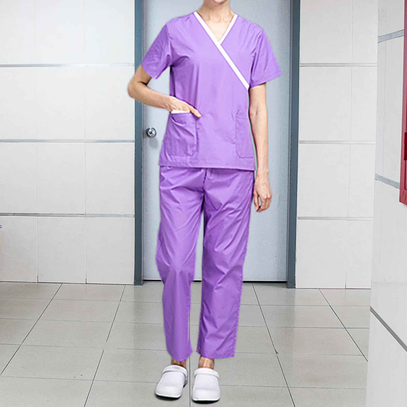 Women Scrubs Set Breathable Elastic Waist Scrub Top and Bottoms with Pockets