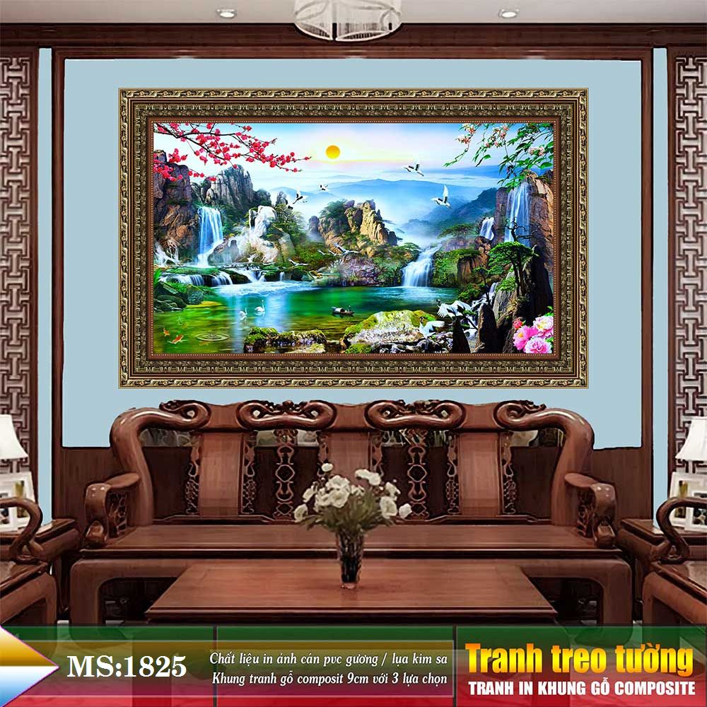 Tranh treo tường phòng khách, phòng ngủ SƠN THỦY HỮU TÌNH khung gỗ composit chất liệu pvc gương / lụa kim sa. MS:1825L9