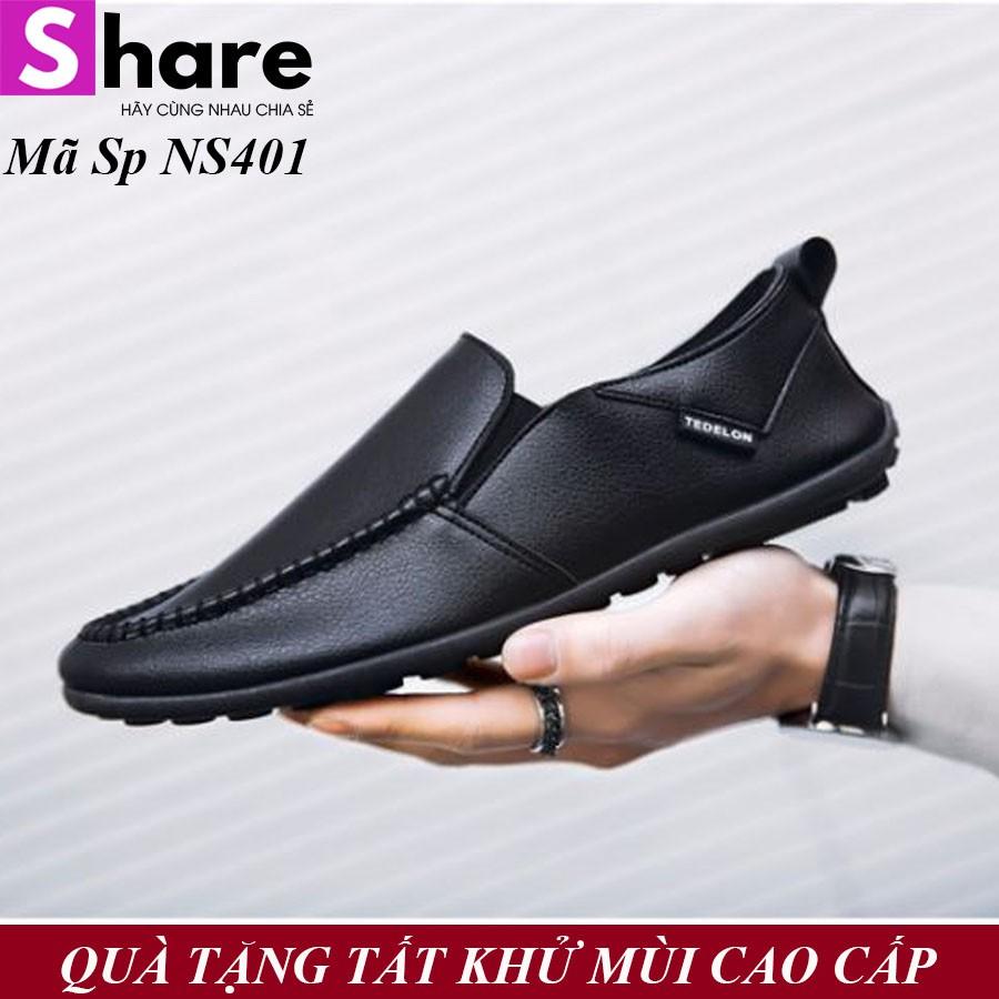 TẶNG LÓT DA BÒ KHỬ MÙI CAO CẤP - Giày Lười Nam Hàn Quốc Màu Đen Phong Cách NS4001