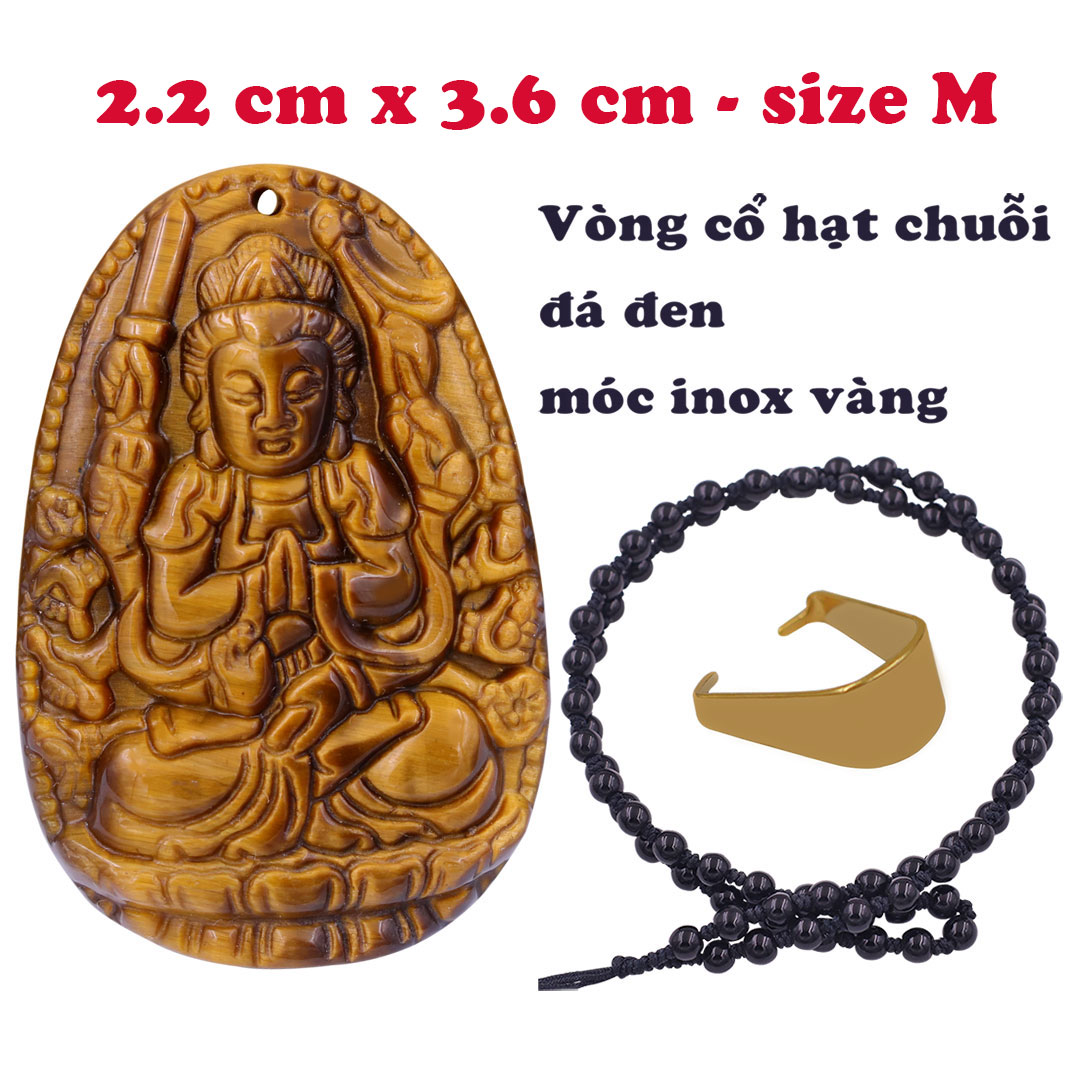 Mặt Phật Thiên thủ thiên nhãn đá mắt hổ 3.6 cm kèm vòng cổ hạt chuỗi đá đen - mặt dây chuyền size M, Mặt Phật bản mệnh, Quan âm bồ tát