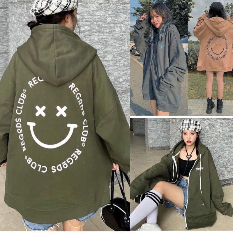 Áo hoodie mặt cười full zip unisex thời trang teen form rộng, mẫu áo khoác nỉ có mũ 2 lớp mới nhất hot trend
