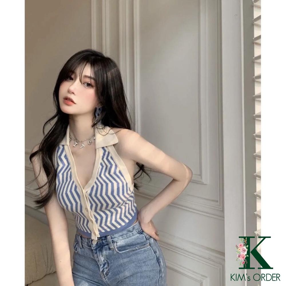 Áo sát nách nữ cổ chữ V hở lưng chất liệu len mongtoghi phong cách Hàn Quốc sang chảnh tiểu thư