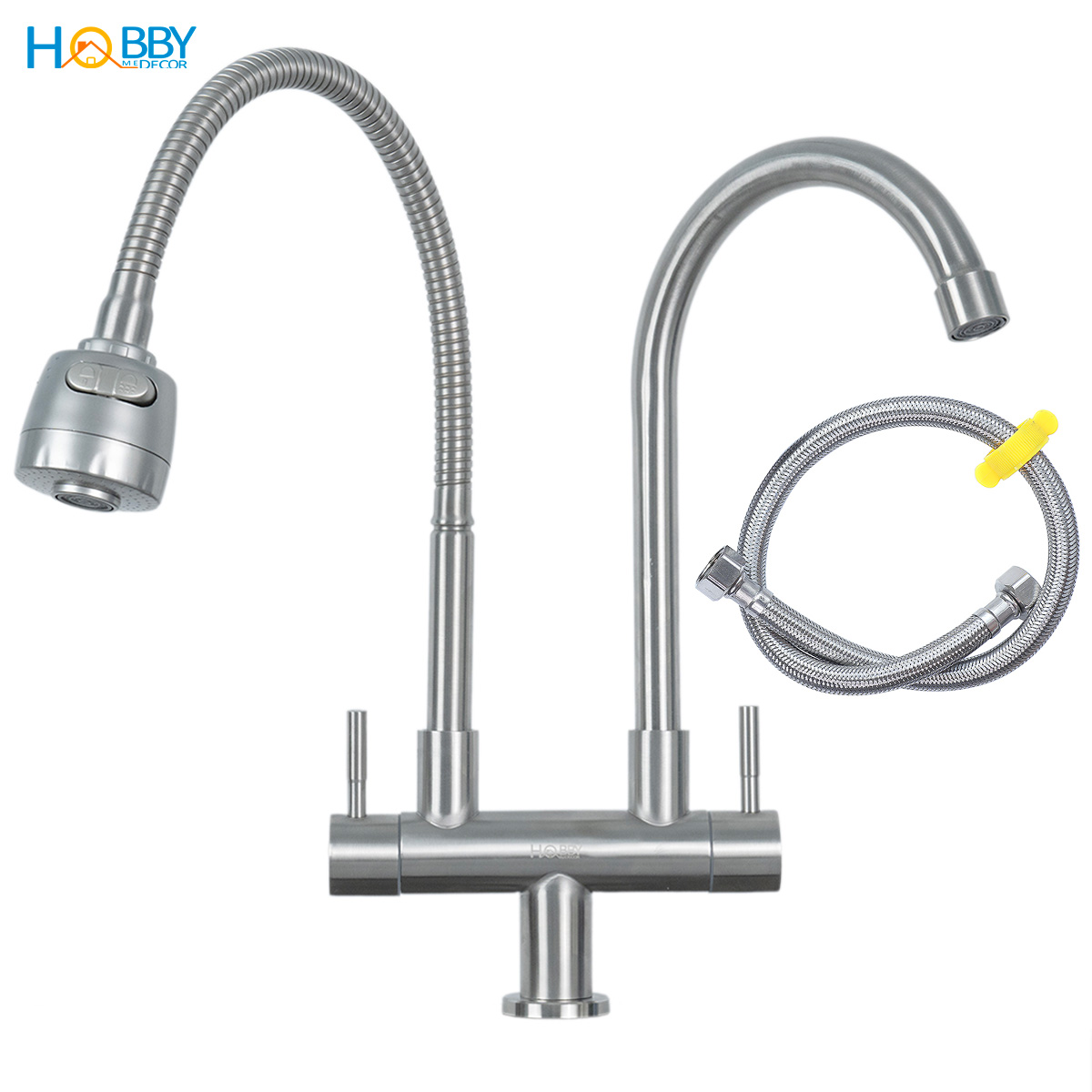 Vòi rửa chén lạnh 2 đầu xả vòi tăng áp inox 304 HOBBY Home Decor LX2D