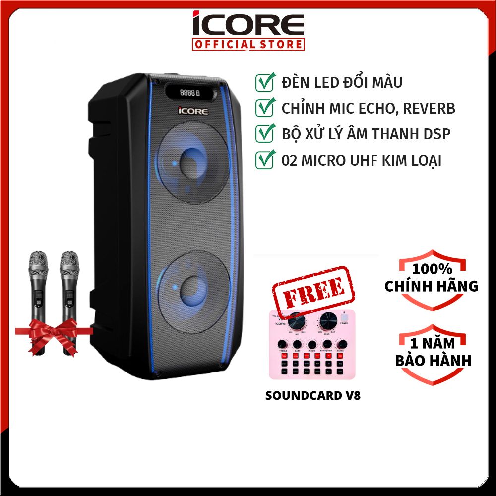 Loa Karaoke iCore i6. Loa xách tay có đèn chớp tắt. Kèm 2 Micro UHF kim loại cáo cấp - Hàng Chính Hãng