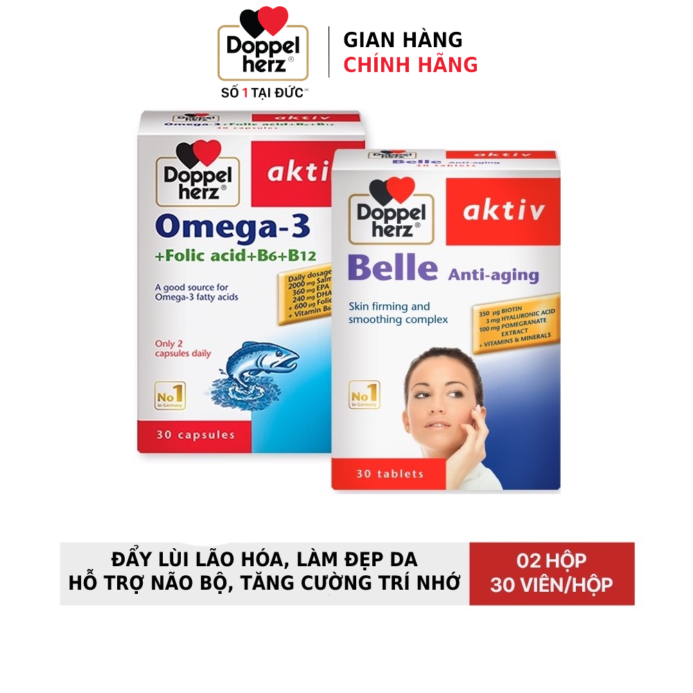 Bộ đôi chống lão hóa, bổ não, tăng cường trí nhớ Doppelherz Belle Anti Aging + dầu cá Omega 3