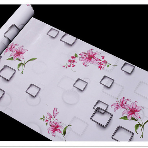 Cuộn 5m Decal Giấy Dán Tường Ô vuông hoa ly hồng