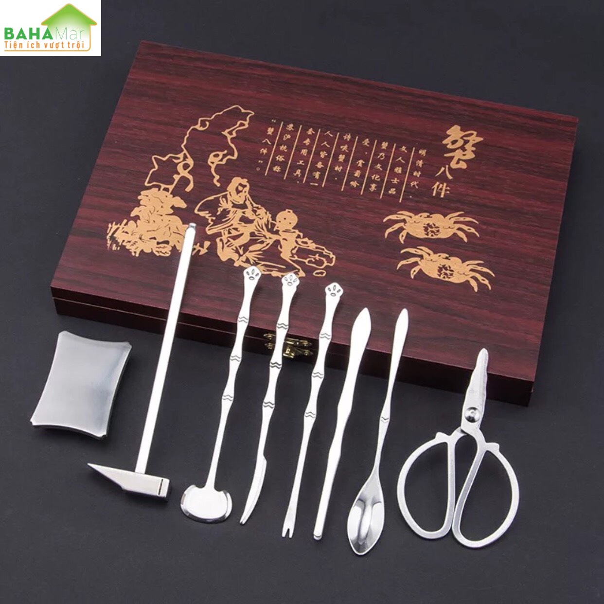 BỘ DỤNG CỤ ĂN CUA GHẸ - HẢI SẢN INOX TIỆN ÍCH CAO CẤP CÓ HỘP GỖ "BAHAMAR" thích hợp cho bất kỳ loại hải sản như tôm hùm, sò, ốc, cua và cũng có thể sử dụng khi ăn quả óc chó, hạnh nhân…