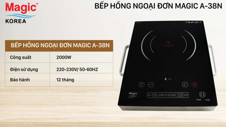 Bếp Hồng Ngoại MAGIC KOREA A-38N Loại Đơn Không Kén Nồi Mặt Kính Sang Trọng, Có Hẹn Giờ, Khóa An Toàn Công Suất 2000W- Hàng Chính Hãng