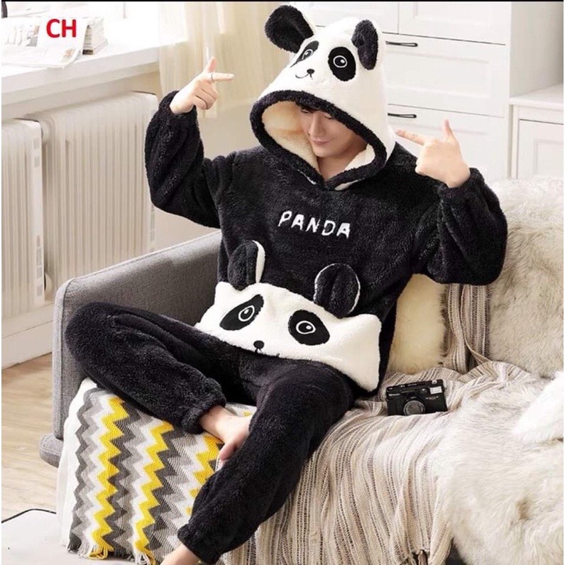 Bộ đồ ngủ nam nữ hình gấu trúc Pan Da Chất lông cừu Siêu Ấm Áp, Bộ mặc Nhà Unisex hình thú đáng yêu sang chảnh