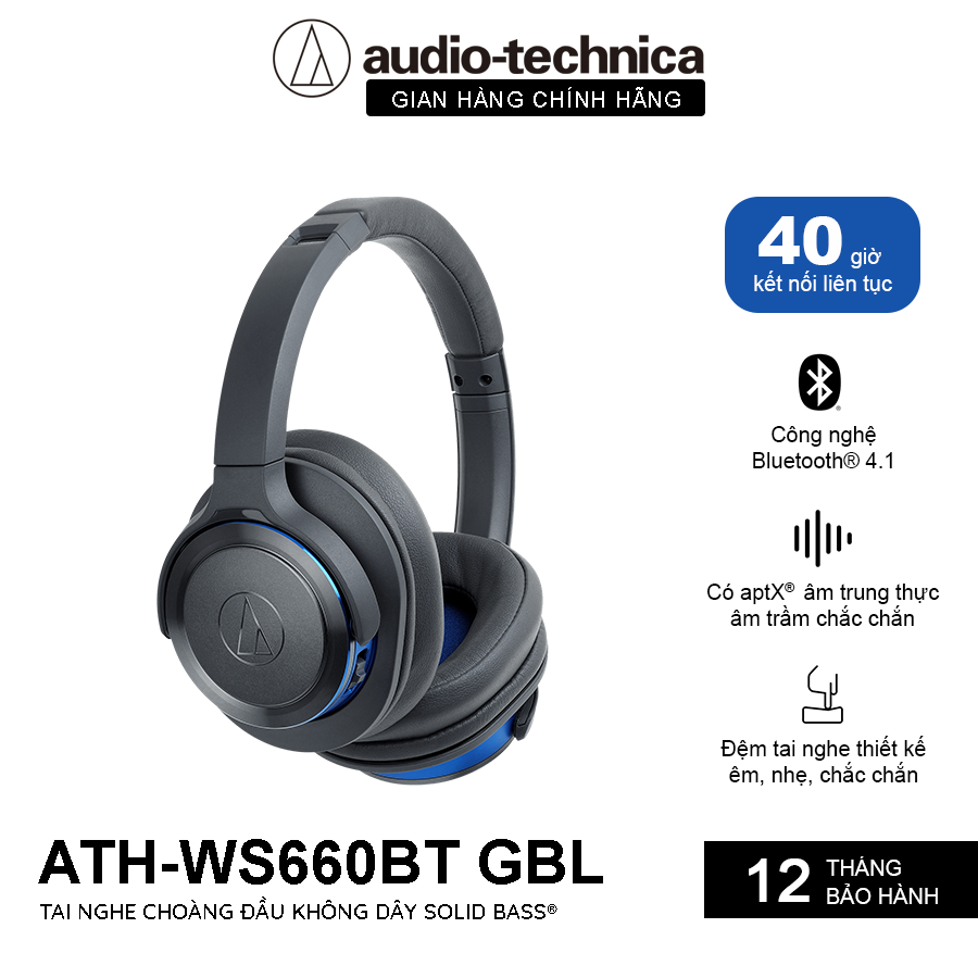 Tai Nghe Choàng Đầu Bluetooth 4.1 Audio-Technica Solid Bass ATH-WS660BT- Hàng Chính Hãng