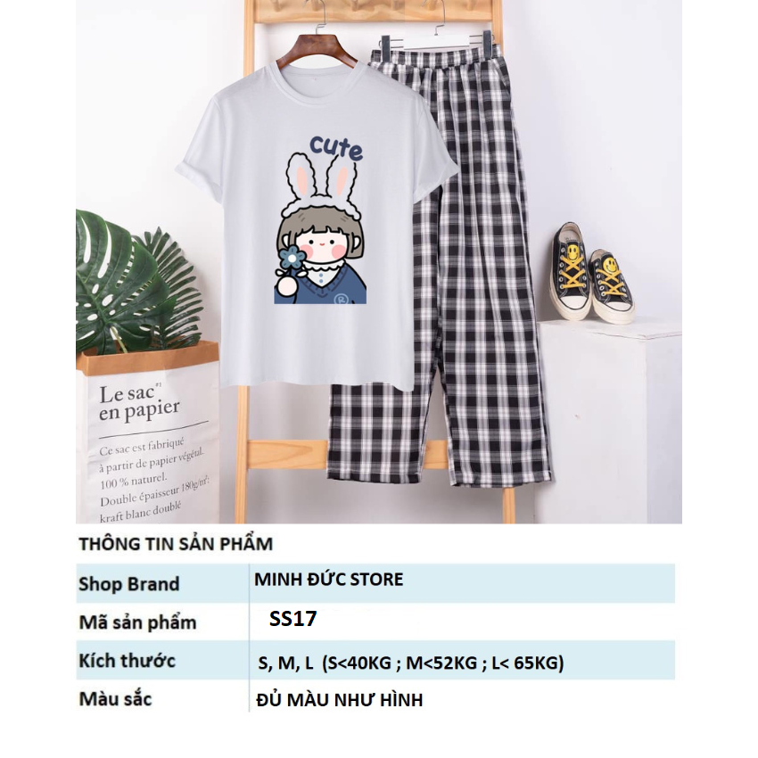 Sét Bộ Nữ SS17, Sét Đồ Nữ Đi Chơi Đẹp In Cô Gái Thỏ Dễ Thương,Sét Áo Vải Cotton, Hình In Sắc Nét Và Quần Kẻ Màu Cá Tính