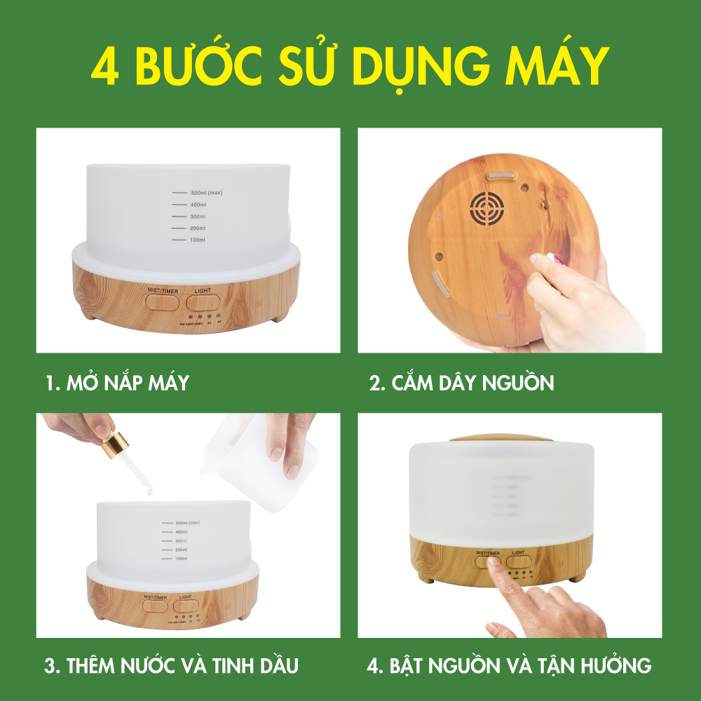 Máy Xông Tinh Dầu Tặng 3 Chai Tinh Dầu TOKI MORI Sả Chanh + Cam Ngọt + Bạc Hà/ Máy Khuếch Tán Hình Trụ Vân Gỗ Đèn Led Có Remote Điều Khiển Từ Xa