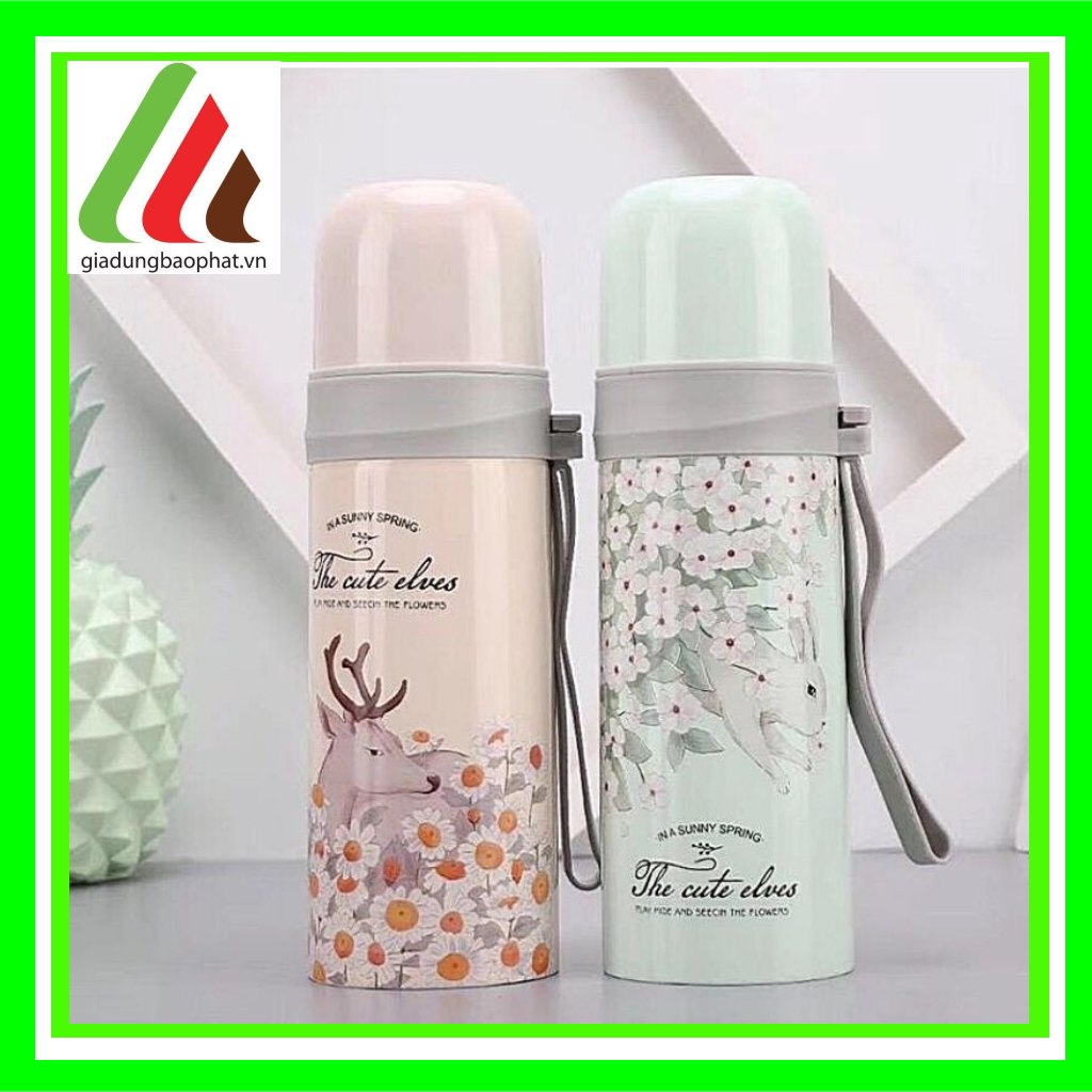 Bình giữ nhiệt the cute elves 500ml inox 2 lớp chân không cách nhiệt in hình dễ thương có dây xách tiện lợi