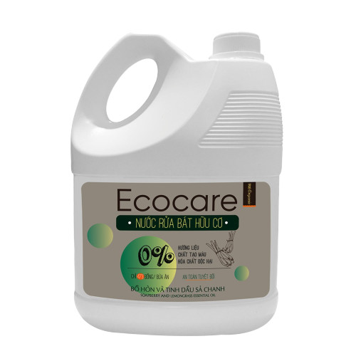 Nước rửa chén hữu cơ Bồ hòn Ecocare - 100% thực vật, không hóa chất, tinh dầu khử mùi, chăm sóc da tay, tiết kiệm nước 30% - Mẫu mới 2020 - Chai 4000ml