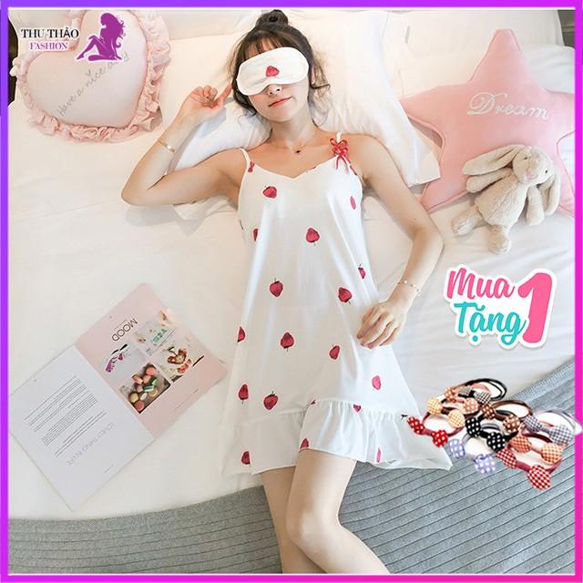 Đầm, Váy Ngủ 2 Dây- Dâu Tây Có Mút- Chất Cotton Siêu Mát.