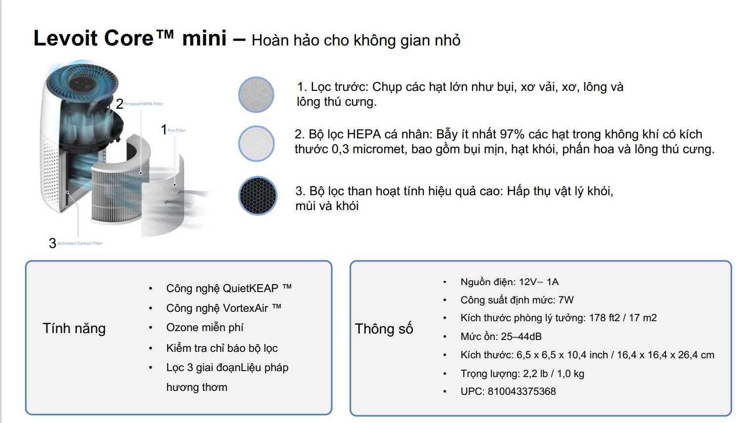 Máy lọc không khí Diệt Khuẩn Levoit Core Mini | Công nghệ Air Turbo | Hàng Chính Hãng