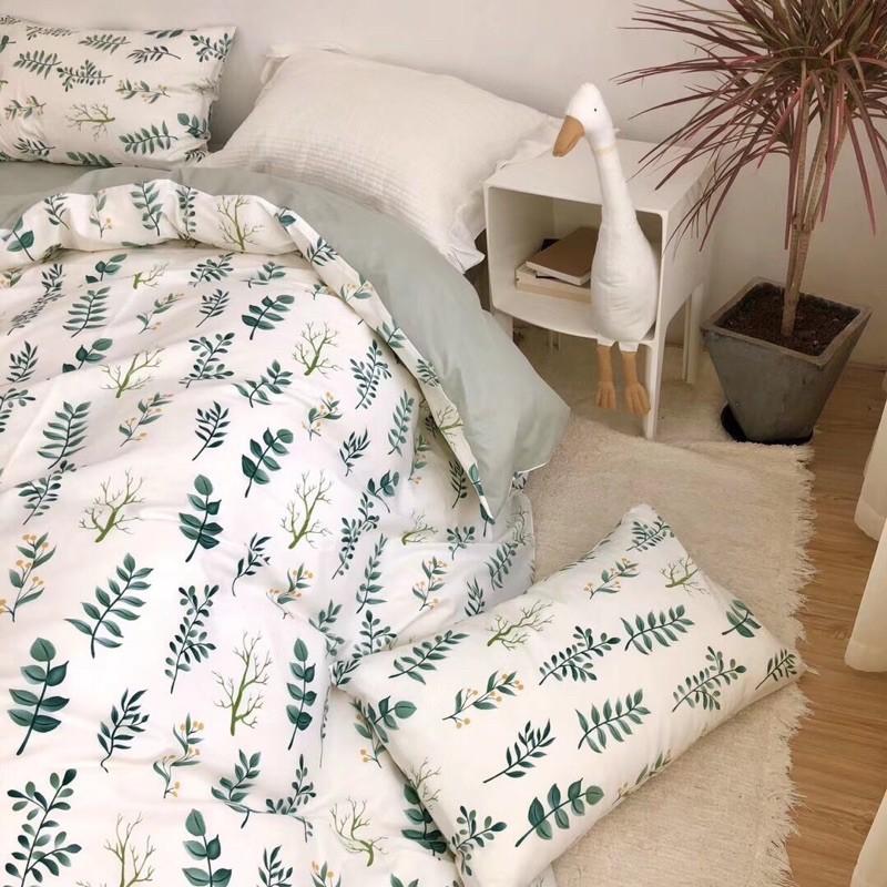 Bộ Chăn Ga Gối Cotton Living 100%cotton Hàng Nhập Khẩu Cao Cấp 4 Món Lá Xanh