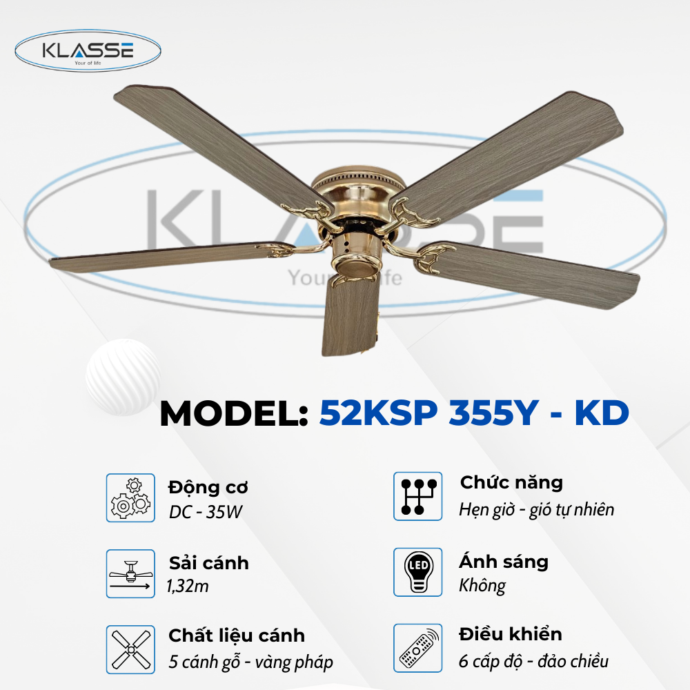 Quạt trần không đèn Klasse 52KSP 355Y – KD Hàng chính hãng