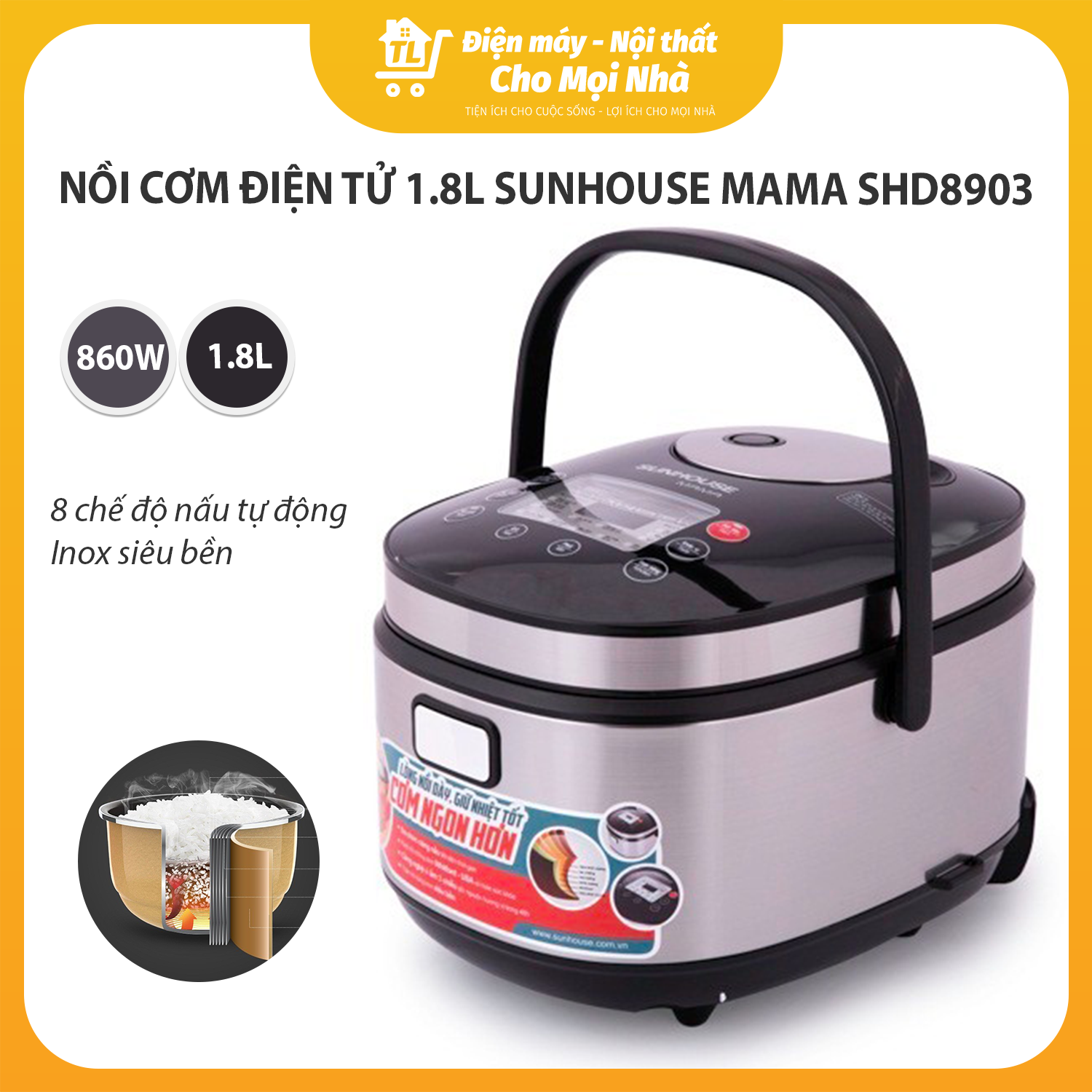 Nồi Cơm Điện Tử Sunhouse Mama SHD8903 (1.8 Lít) - Hàng chính hãng