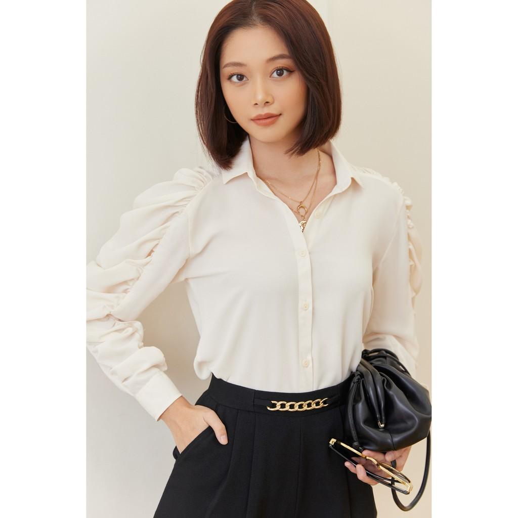 Áo Sơ Mi Tay Phồng Xếp Ly Màu Kem EDINI - SM221