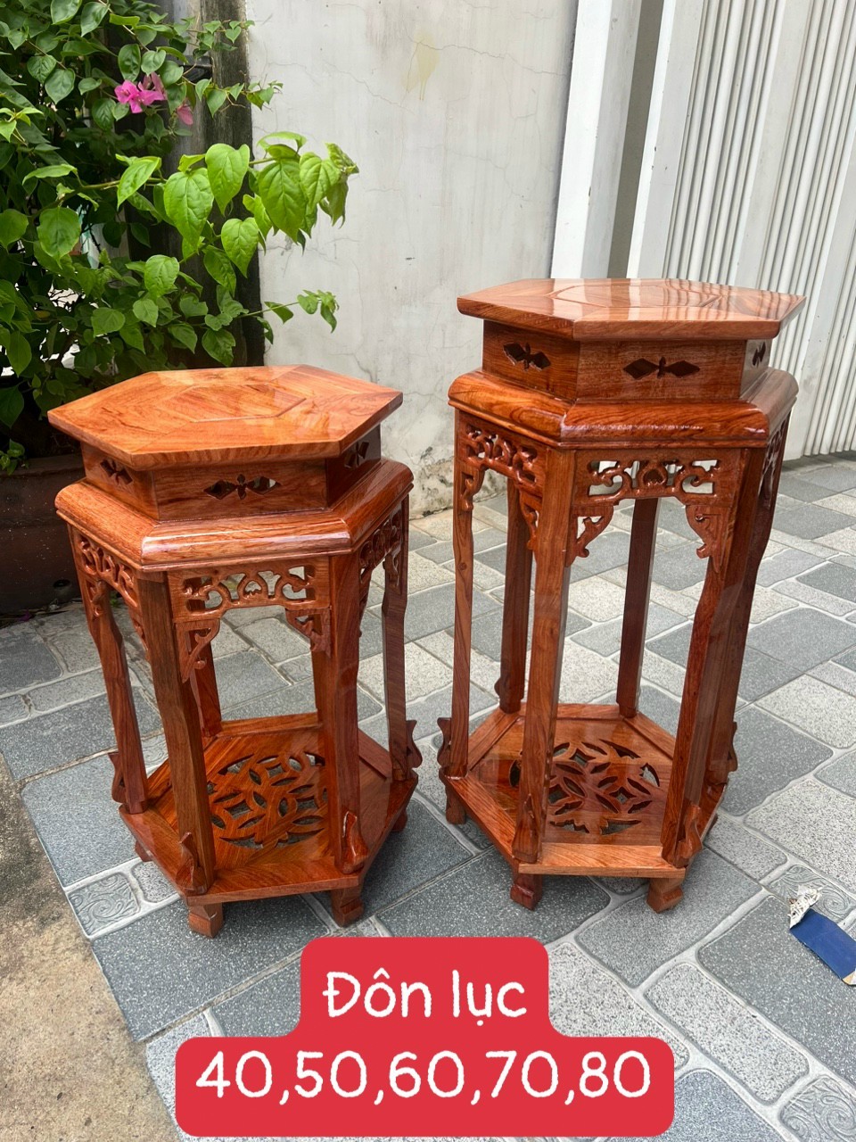 Đôn lục lăng gỗ hương cao 40 mặt 32 cm