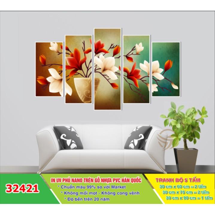 Tranh treo tường Bình hoa 5 tấm 3D/gỗ MDF Hàn Quốc chống ẩm mốc, mối mọt