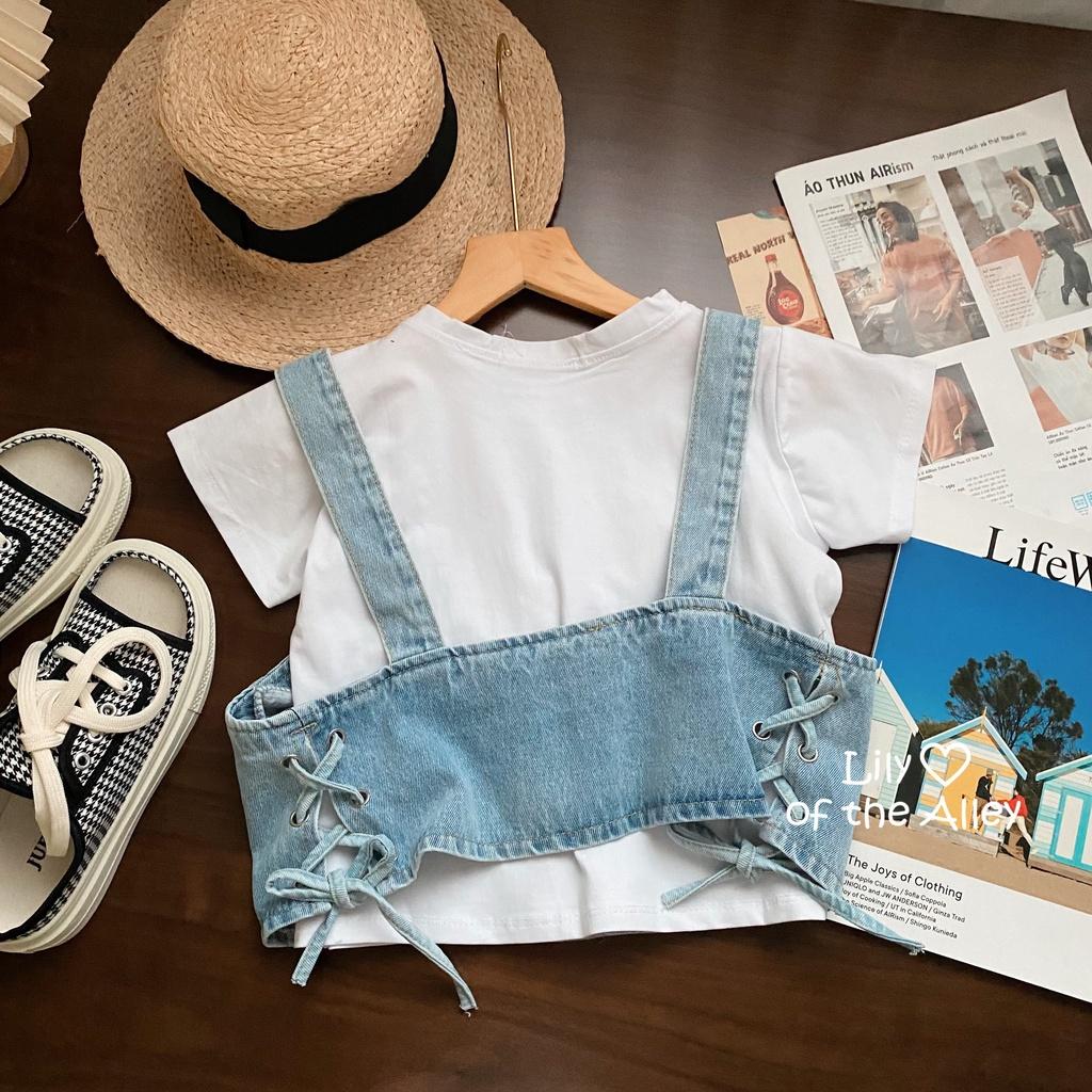 Set áo phông croptop yếm jean đan dây