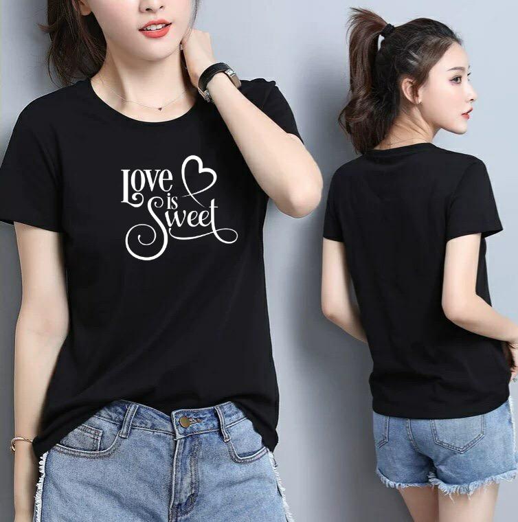 Áo thun nữ cổ tròn form suông vừa in chữ Love is Sweet thun cotton 4 chiều từ 40-55kg