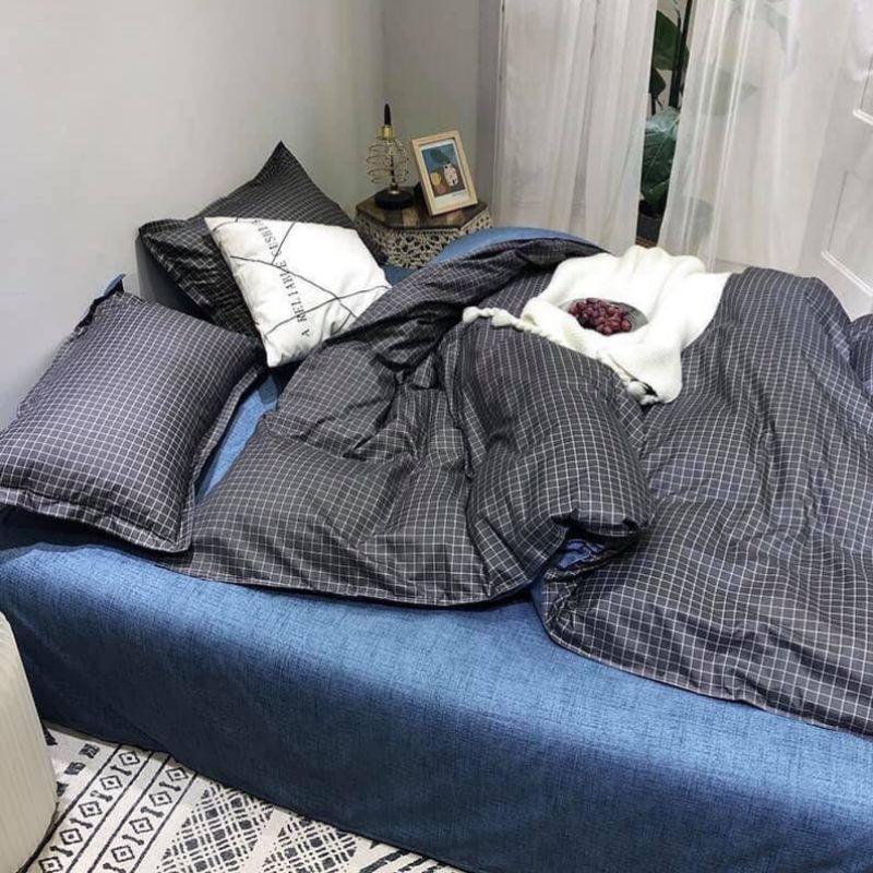 Bộ chăn ga Cotton Poly kẻ ô xám xanh -