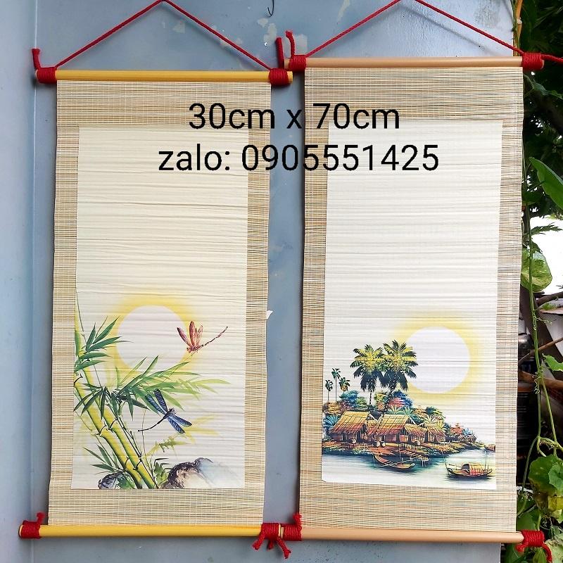 Bộ 4 mành tre viết thư pháp có  cảnh kích thước 30cm x 70cm