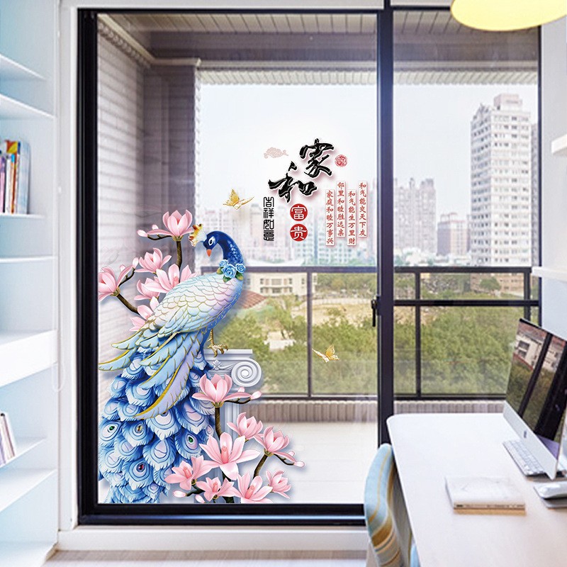 Decal dán tường 3D combo chim công và bình sen xanh sang trọng