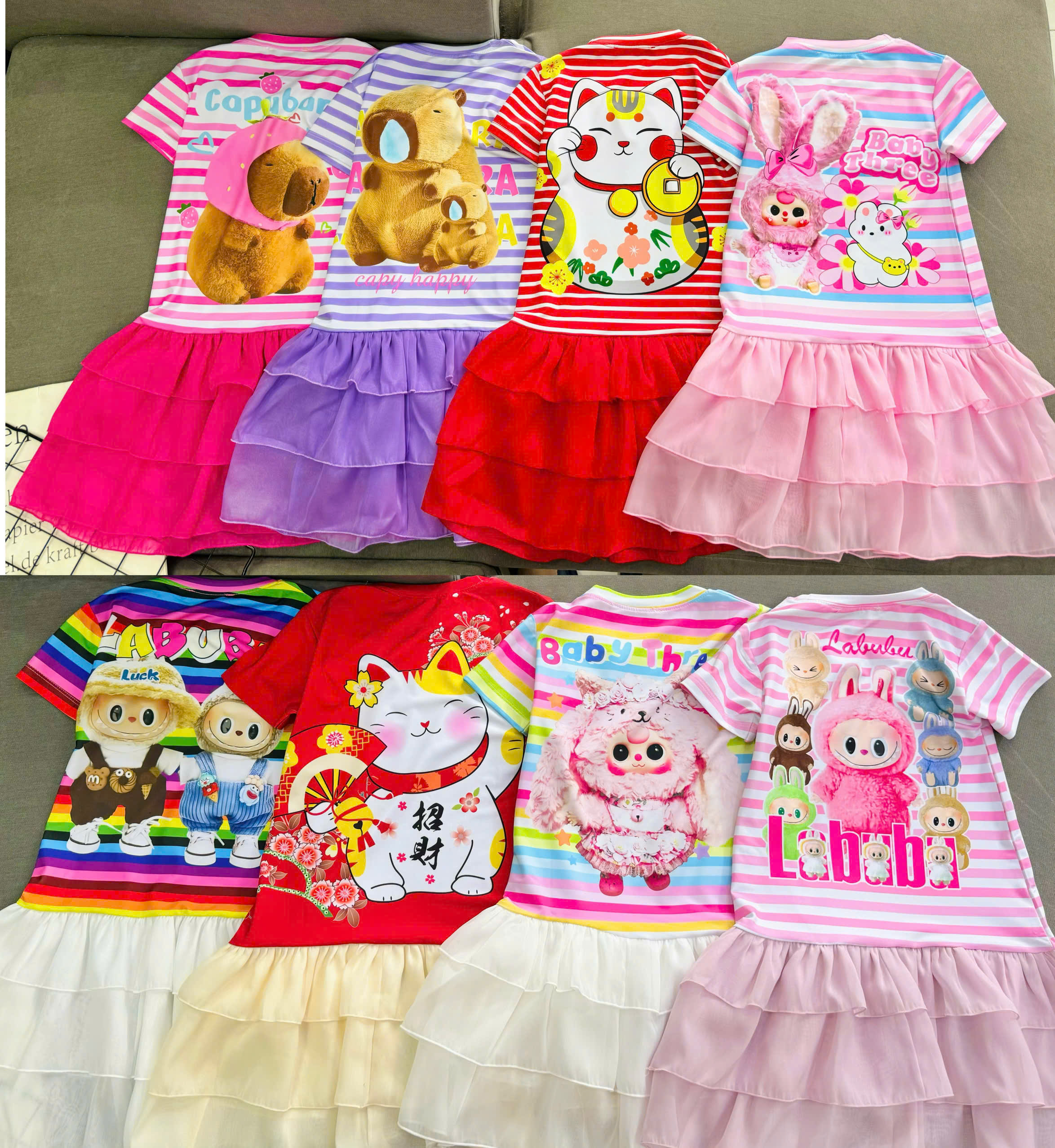 Đầm váy suông cho bé gái diện tết labubu baby three capybara size 12-45kg chất thun lạnh mềm mát