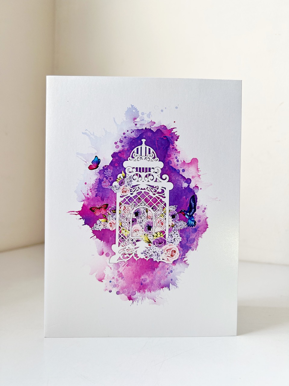 A06 -  Thiệp 3D Lồng Hoa &amp; Bướm Tím – Pop Up Card Viethands Giftshop