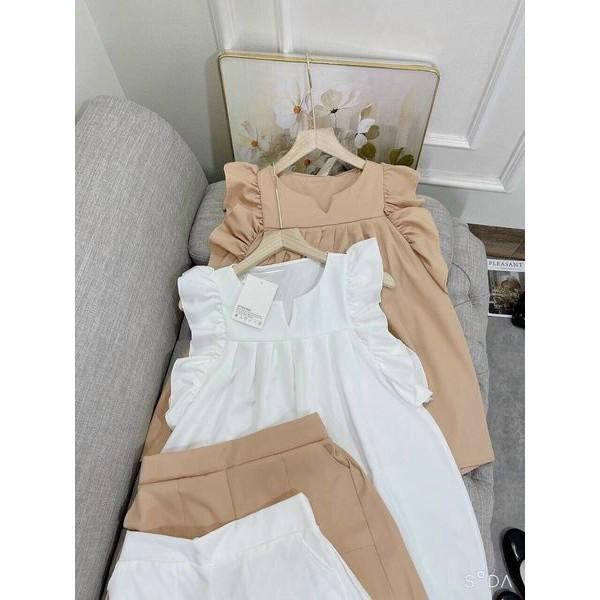SET ÁO KIỂU TRẮNG NUDE PHỐI BÈO TAY DÁNG BABYDOLL+QUẦN SHORT-hình thật trải sàn