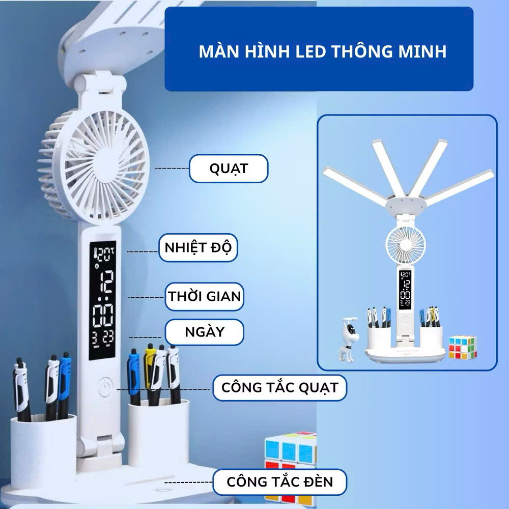 Đèjn Học Chống Cận Đa Chức Năng – 4 Cánh LED, Đồng Hồ, Hộp Bút, Quạt Siêu Mát