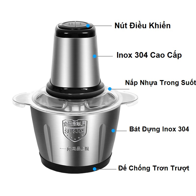 Máy Xay Thịt Cá Đa Năng Cối Inox 304 4 Lưỡi Cao Cấp, Công suất 250W - Nghiền Tỏi Ớt Rau Củ - Hàng Loại 1- Chính Hãng MINIIN