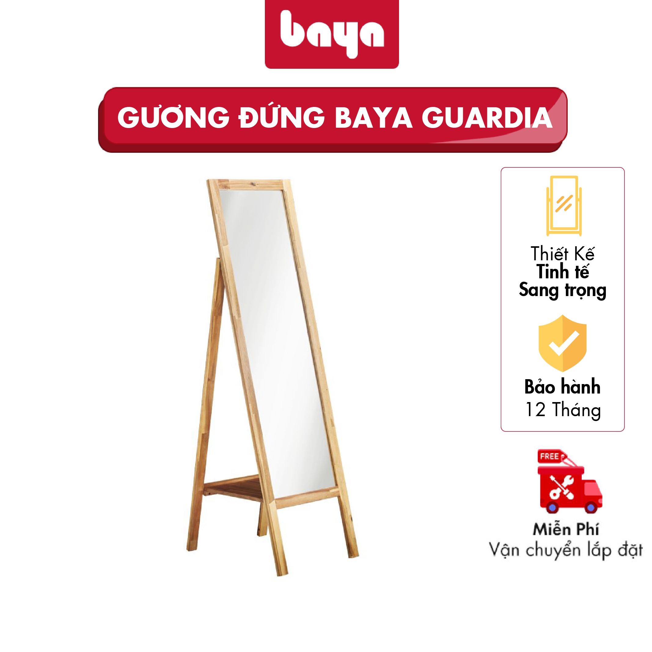 Gương Đứng Soi Toàn Thân BAYA GUARDIA Với Khung Làm Từ Gỗ Keo Tự Nhiên Bền Chắc, Giá Đỡ Có Thể Gấp Gọn Và Kệ Nhỏ Phía Sau Giúp Sắp Xếp Các Vật Dụng 1073560