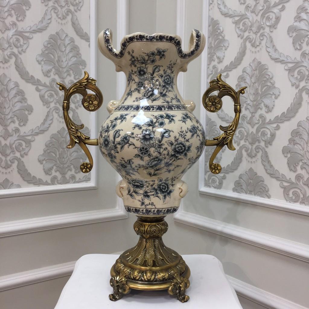 Bình hoa men sứ rạn họa tiết hoa nhí xanh CB30-BH1 mang phong cách tân cổ điển size cao 54 cm.