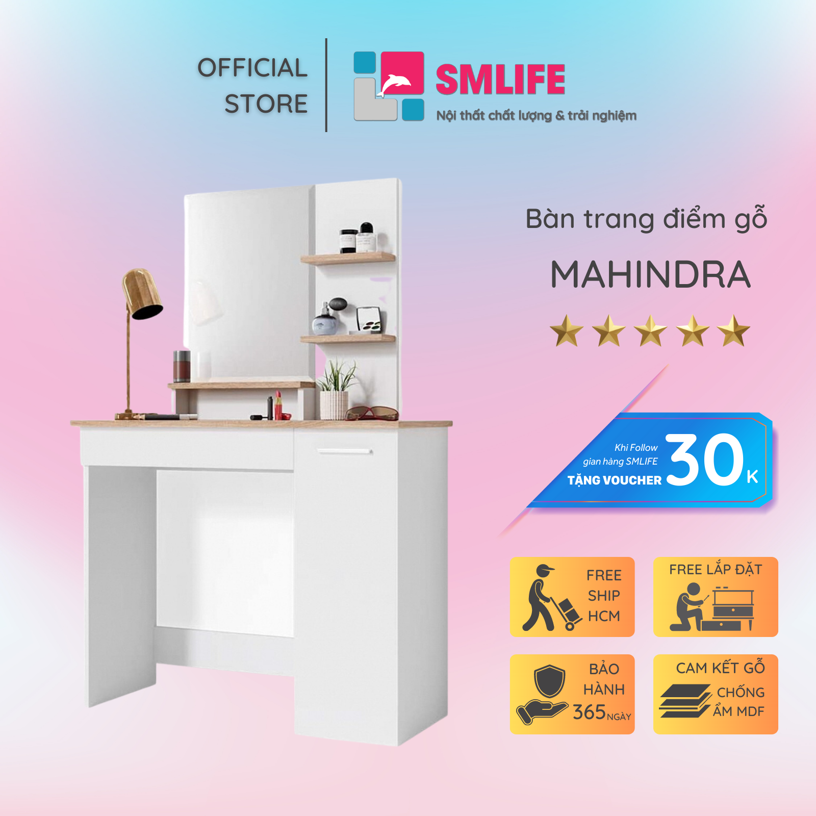 Bàn trang điểm gỗ hiện đại SMLIFE Mahindra  | Gỗ MDF dày 17mm chống ẩm | D90xR40xC140cm